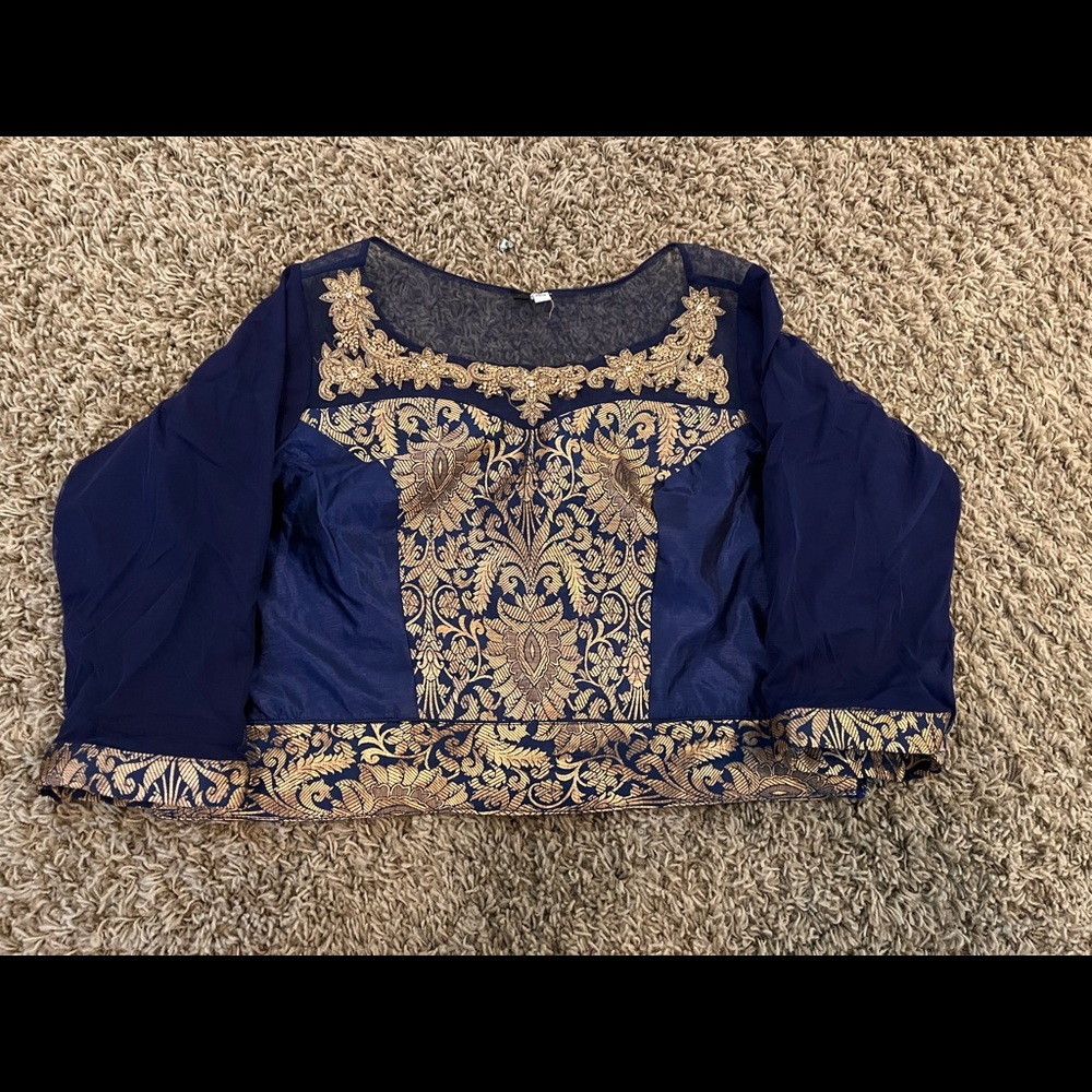 Navy blue net and brocade saree blouse